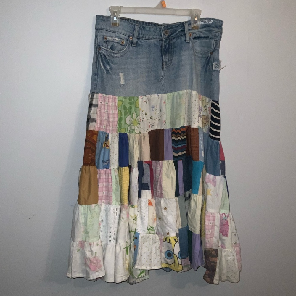 Upcycled Vintage AEO Bohemian Multicolored Patchwork Denim Skirt Sz 8 Regular - Picture 2 of 9